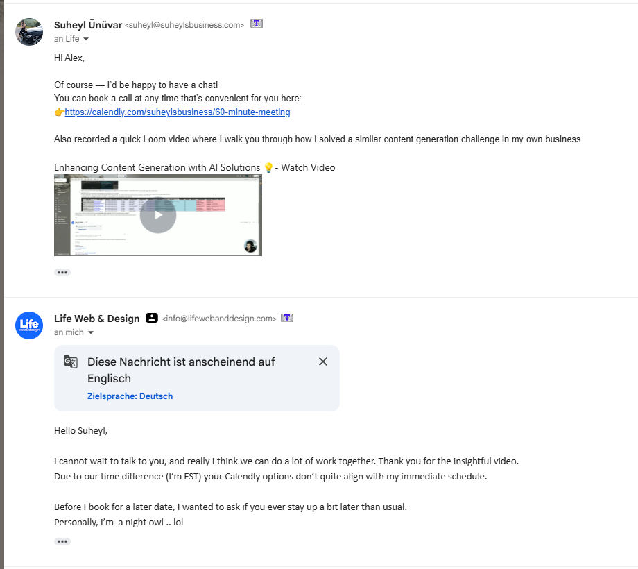 Reale Antwort eines Empfängers nach Cold Mail mit Calendly-Termin und Loom-Video