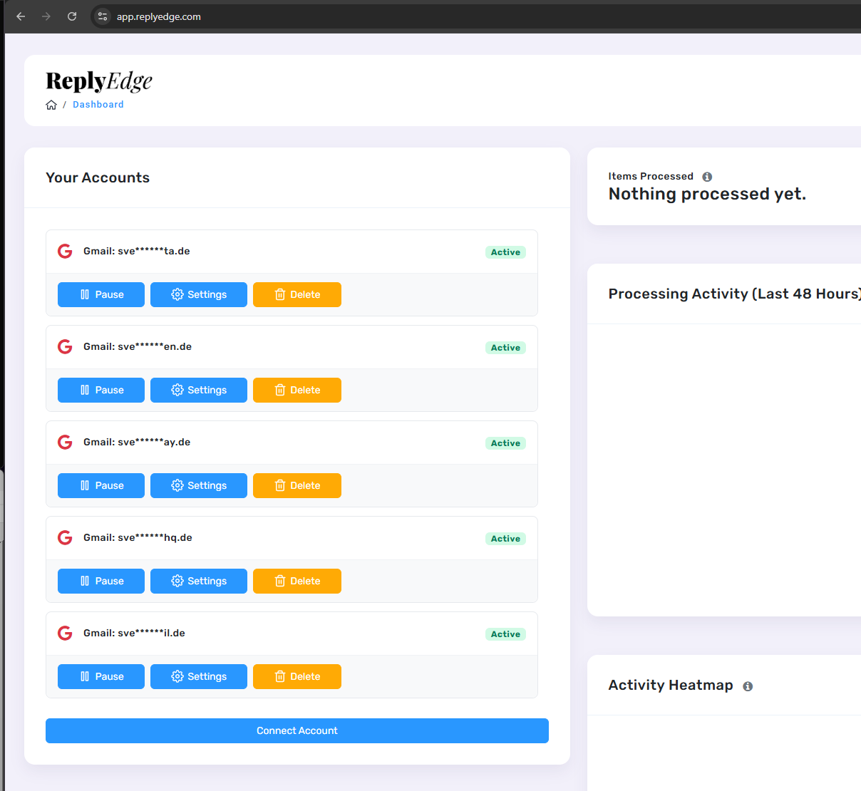 ReplyEdge Dashboard: 5 Gmail-Inboxes aktiv